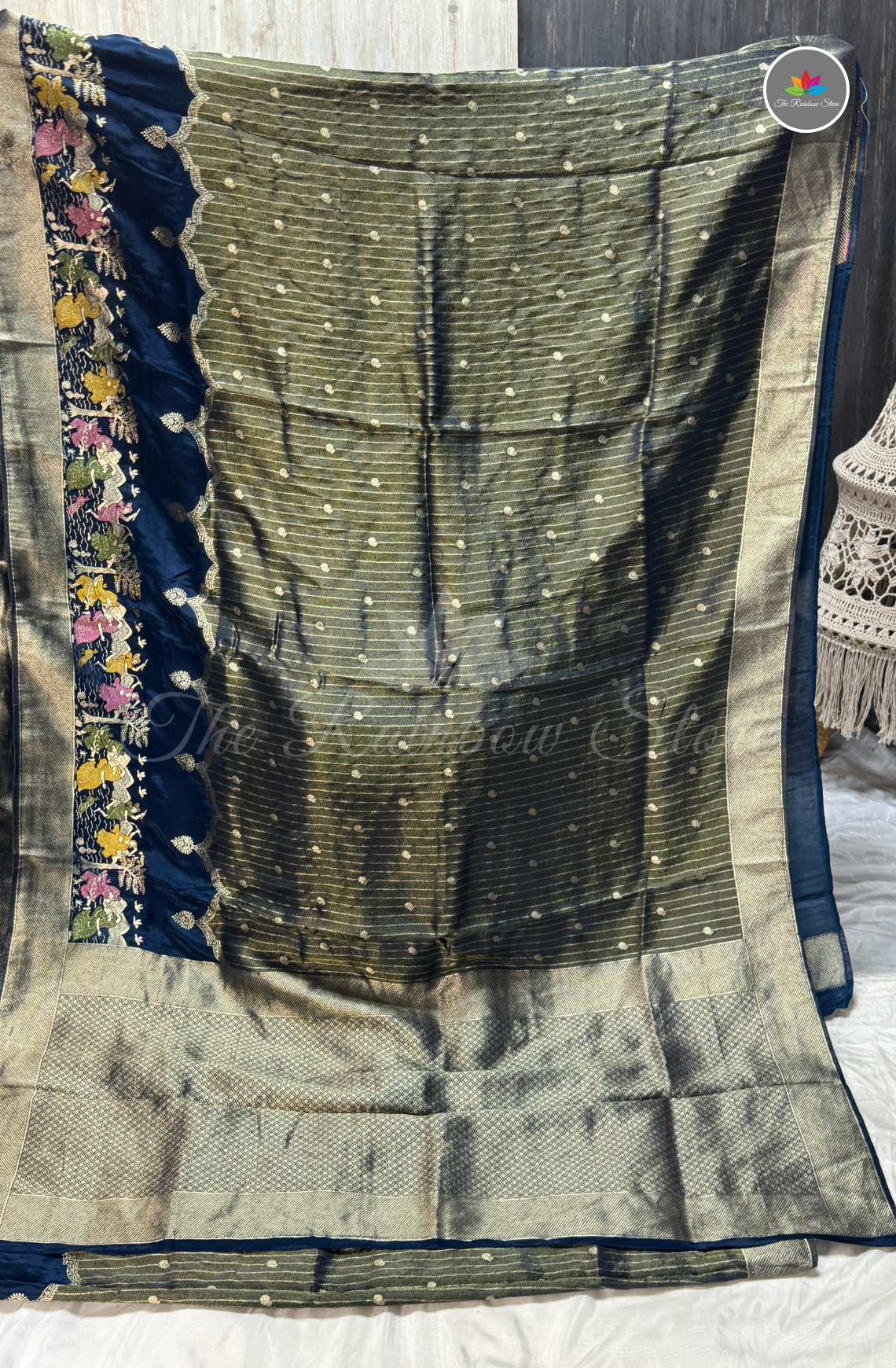 Imported Satin Tissue Mushru Saree - Navy Blue & Antique Silver