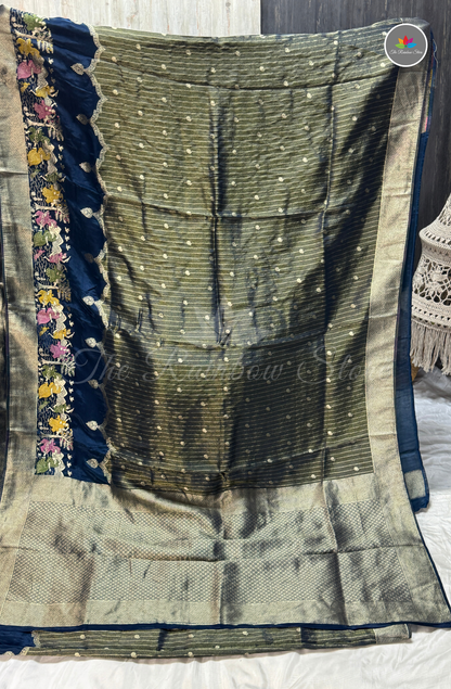 Imported Satin Tissue Mushru Saree - Navy Blue & Antique Silver