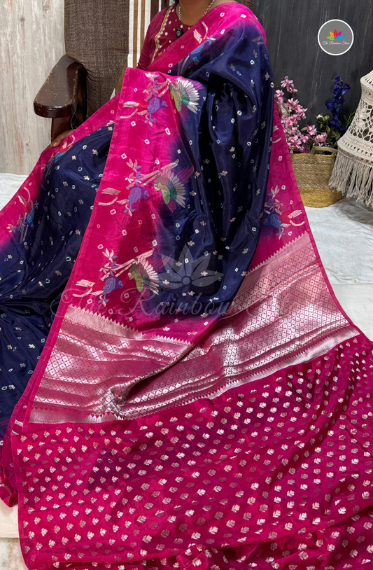 Dual-Tone Paper Silk Saree - Navy Blue & Rani Pink