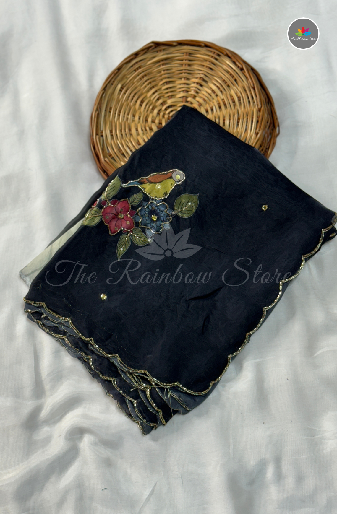 Velvet Silk Saree - Black & Pearl Ivory White