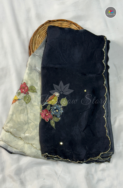 Velvet Silk Saree - Black & Pearl Ivory White