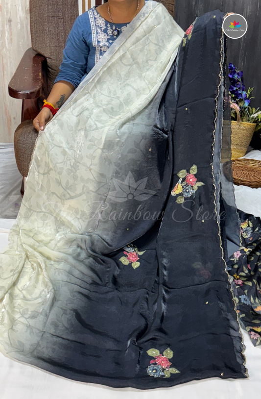 Velvet Silk Saree - Black & Pearl Ivory White