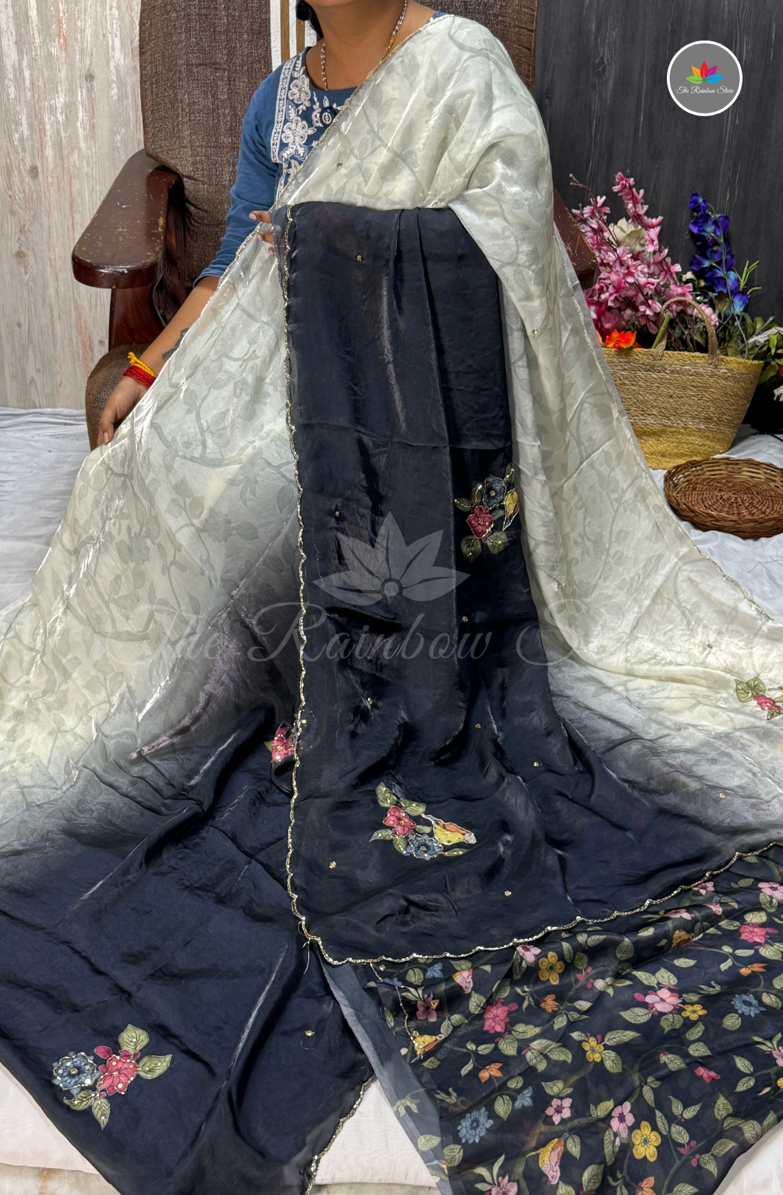 Velvet Silk Saree - Black & Pearl Ivory White