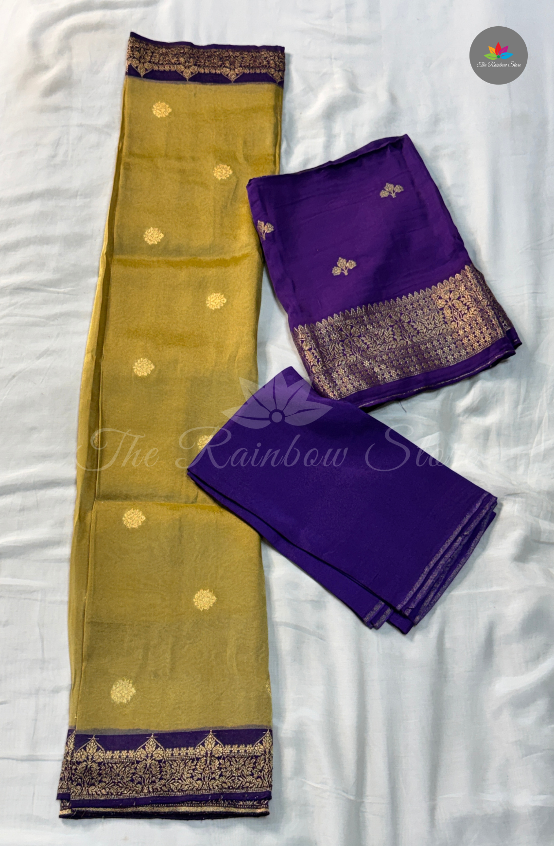 Pure Satin Mushru Silk (3 Piece Set ) - Olive Gold with Royal Purple