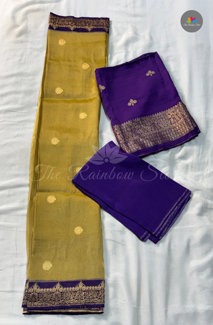 Pure Satin Mushru Silk (3 Piece Set ) - Olive Gold with Royal Purple