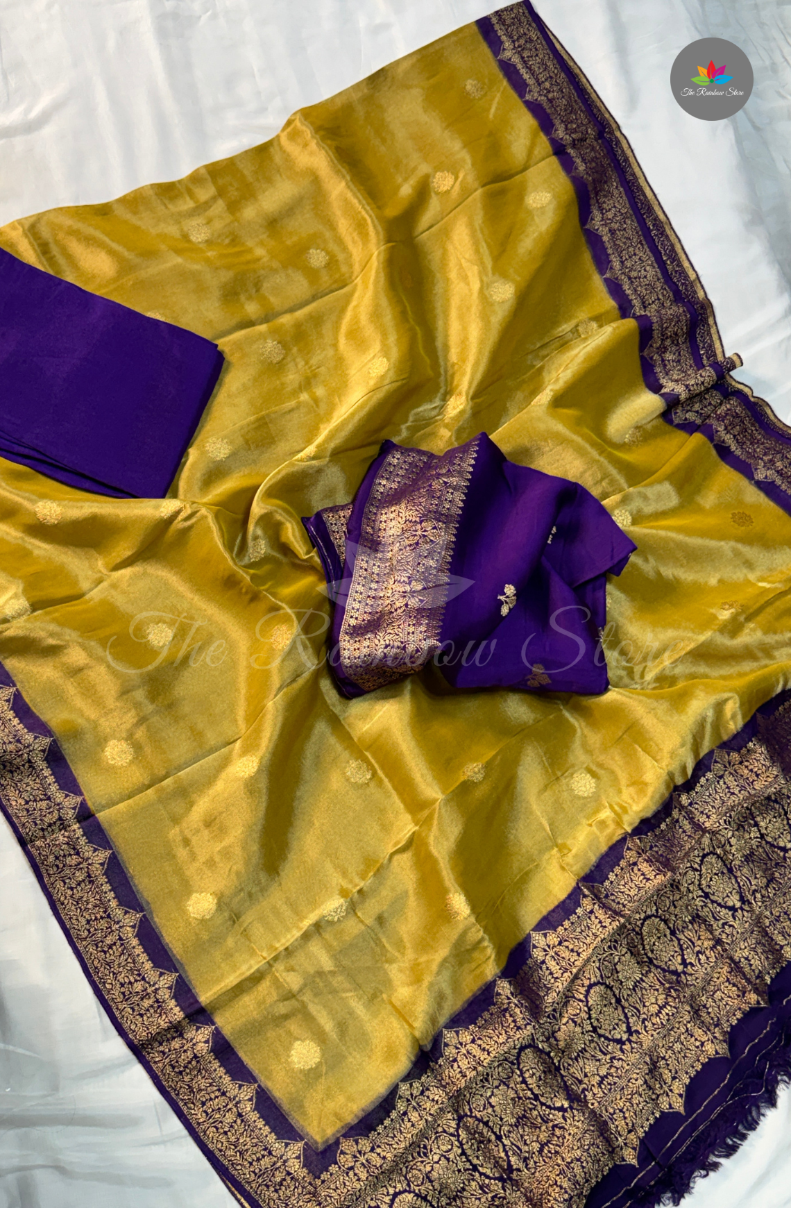 Pure Satin Mushru Silk (3 Piece Set ) - Olive Gold with Royal Purple