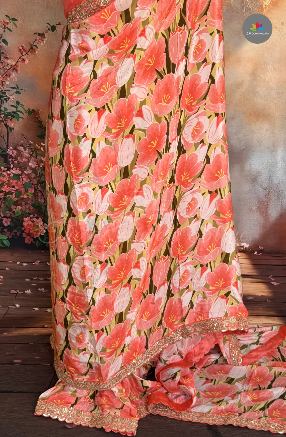 Pure Satin With Sabyasachi Borders - Coral Peach