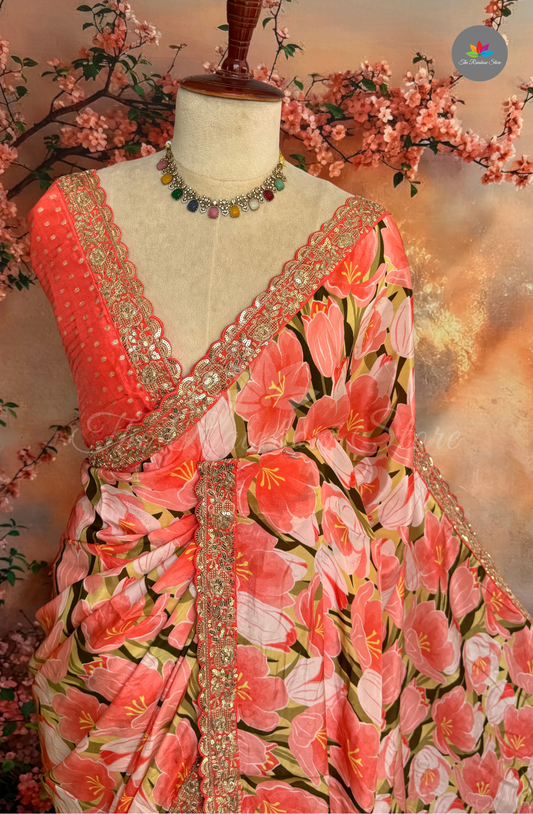 Pure Satin With Sabyasachi Borders - Coral Peach