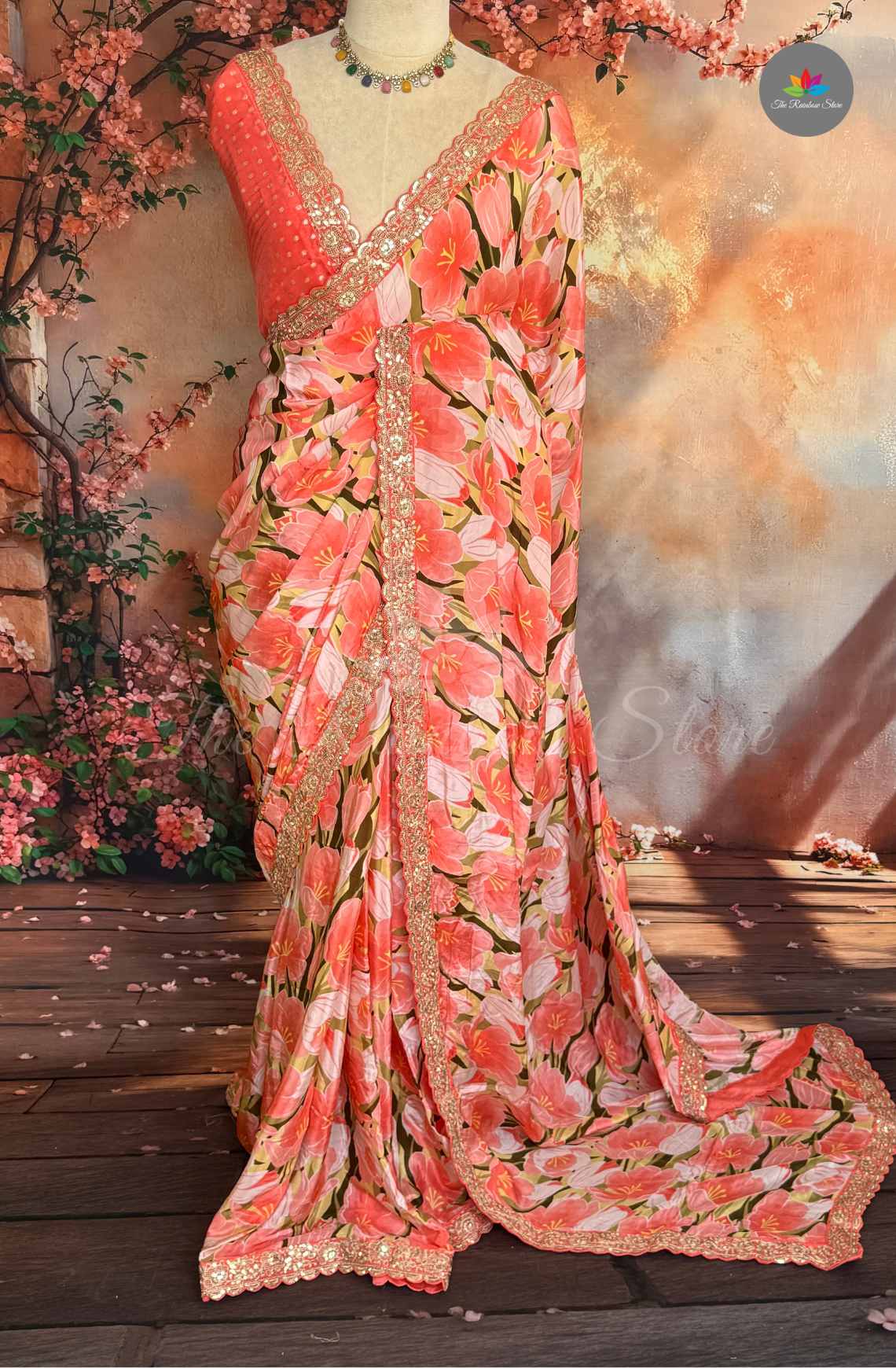 Pure Satin With Sabyasachi Borders - Coral Peach