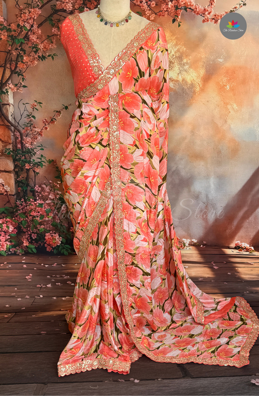 Pure Satin With Sabyasachi Borders - Coral Peach