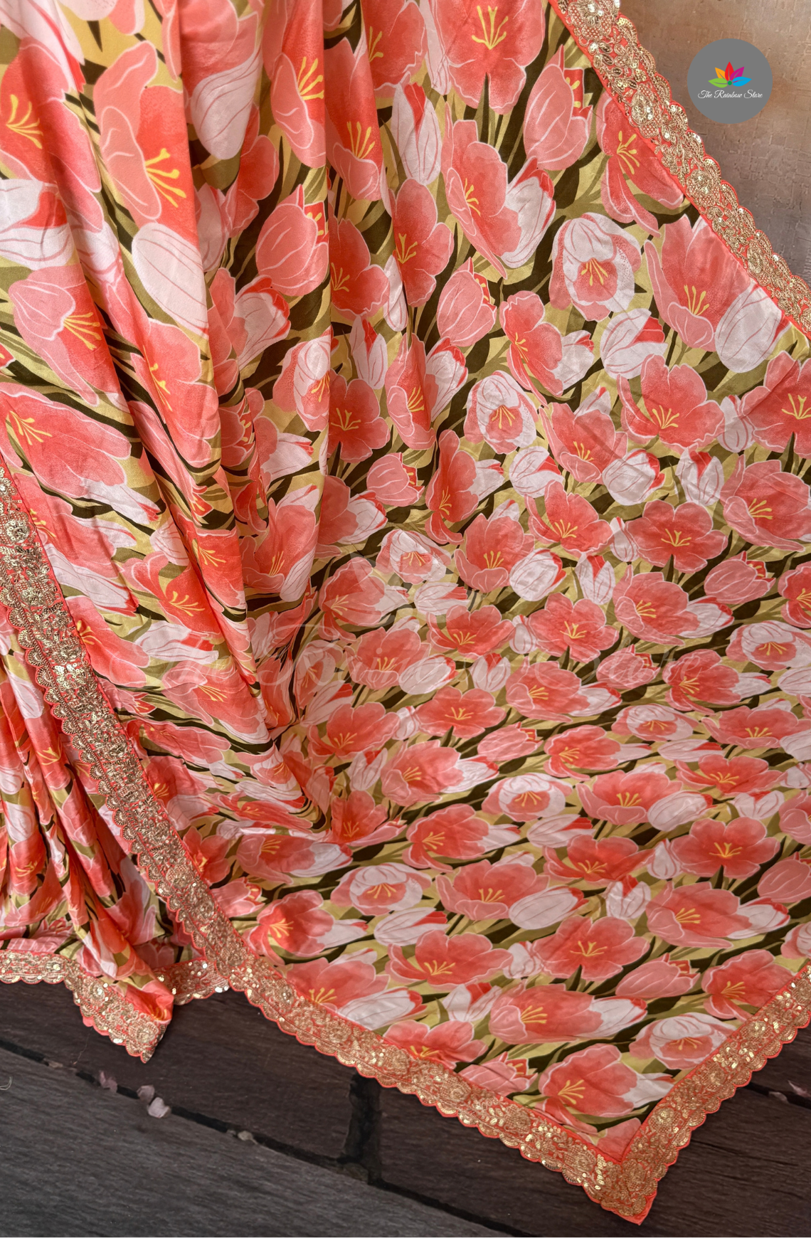 Pure Satin With Sabyasachi Borders - Coral Peach