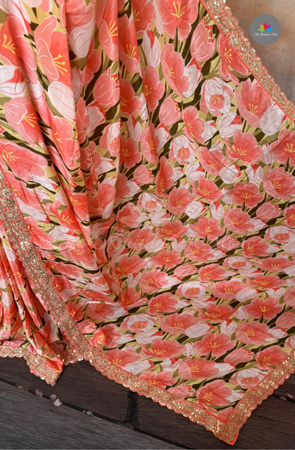 Pure Satin With Sabyasachi Borders - Coral Peach