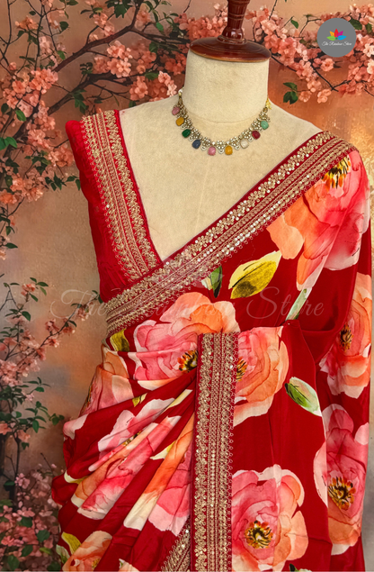Pure Satin With Sabyasachi Borders - Deep Red