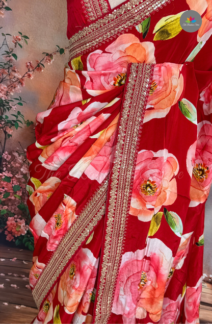 Pure Satin With Sabyasachi Borders - Deep Red