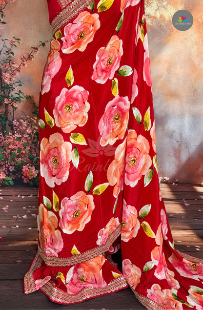 Pure Satin With Sabyasachi Borders - Deep Red
