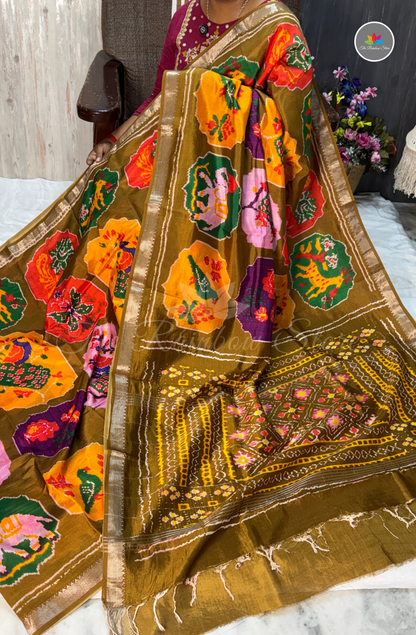 Mangalagiri Pattu Saree - Olive Green with Mustard Yellow