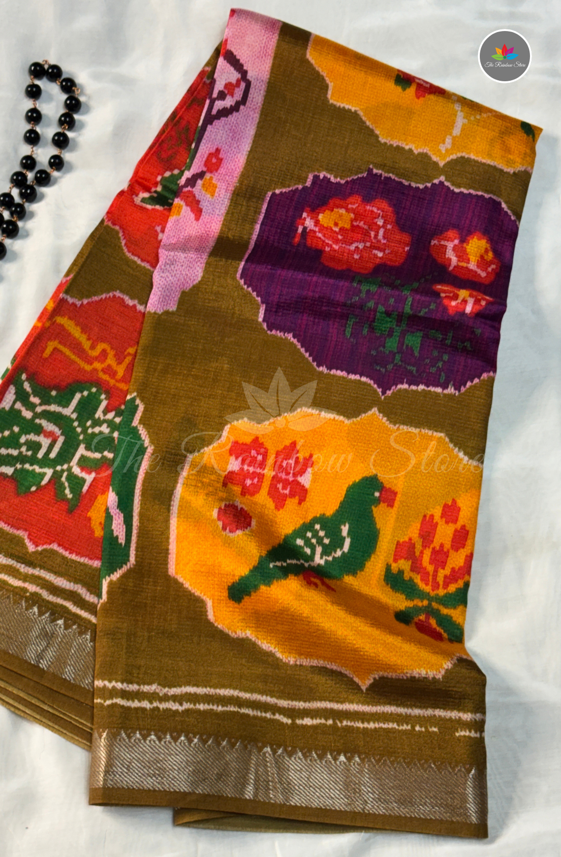 Mangalagiri Pattu Saree - Olive Green with Mustard Yellow