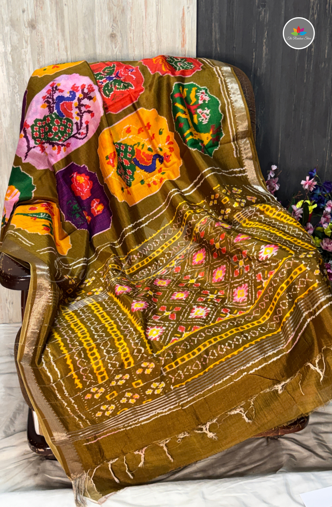 Mangalagiri Pattu Saree - Olive Green with Mustard Yellow