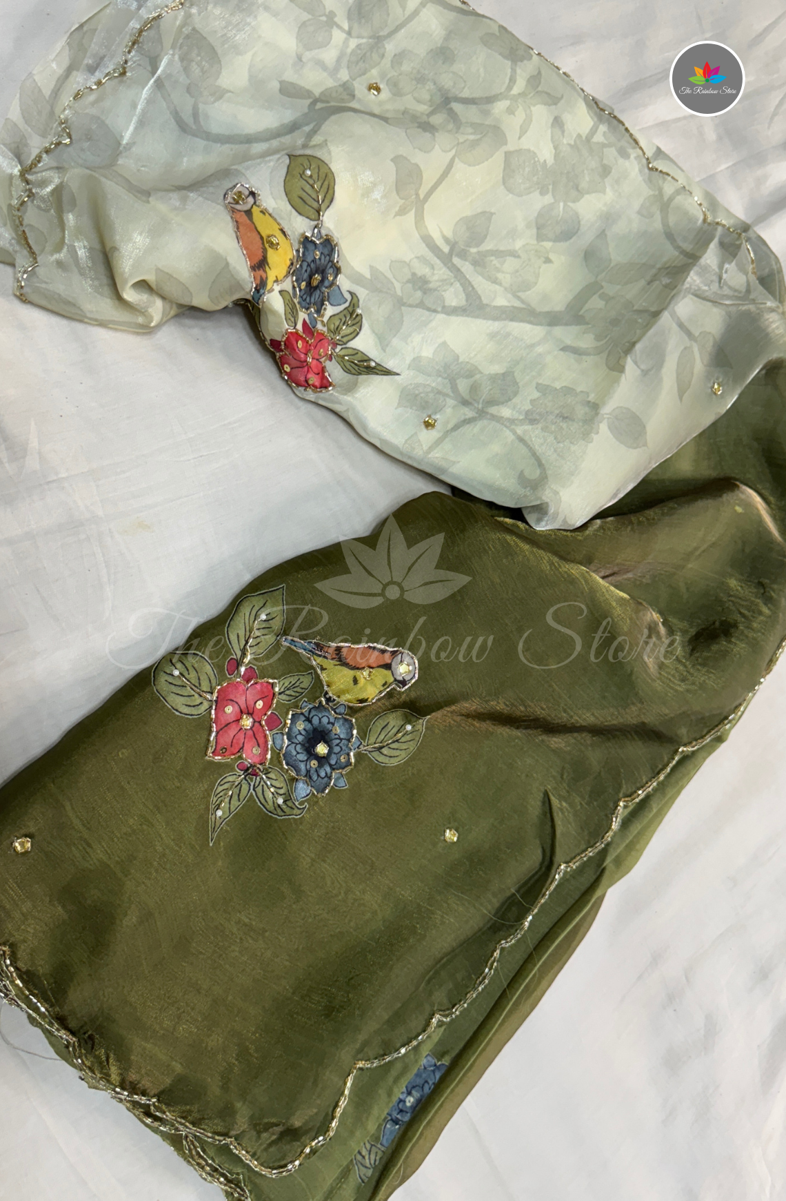 Velvet Silk Saree - Olive Green & Pearl Ivory White