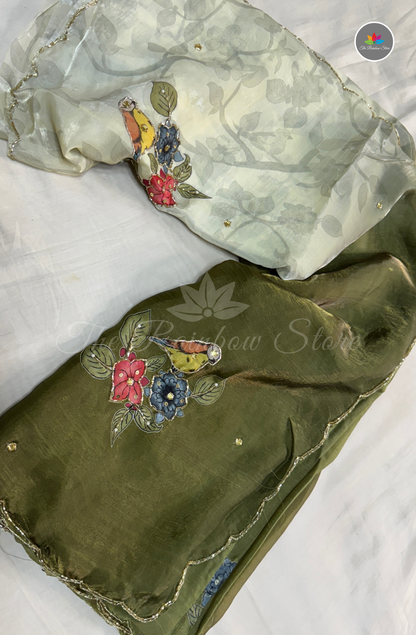 Velvet Silk Saree - Olive Green & Pearl Ivory White