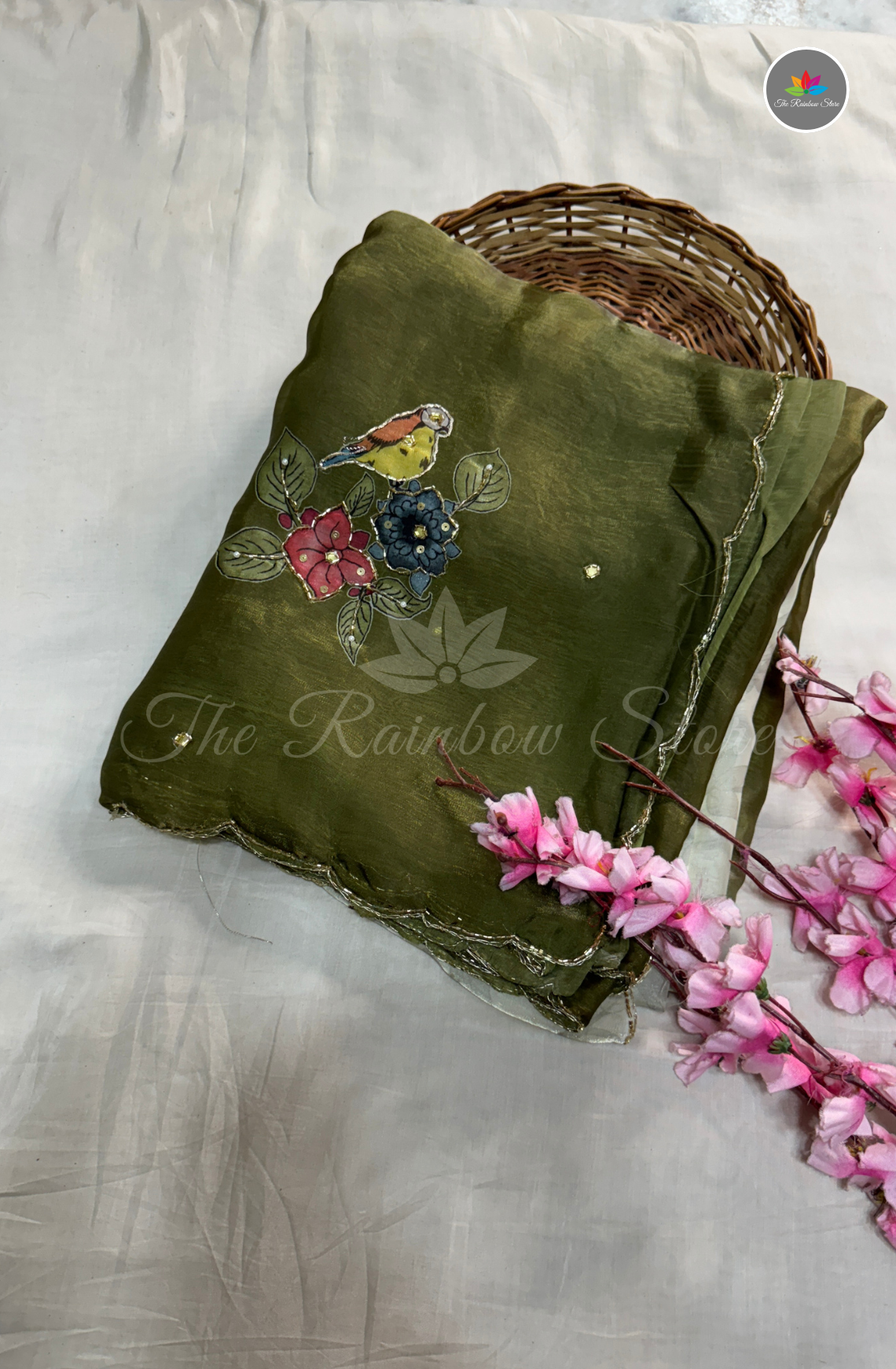 Velvet Silk Saree - Olive Green & Pearl Ivory White