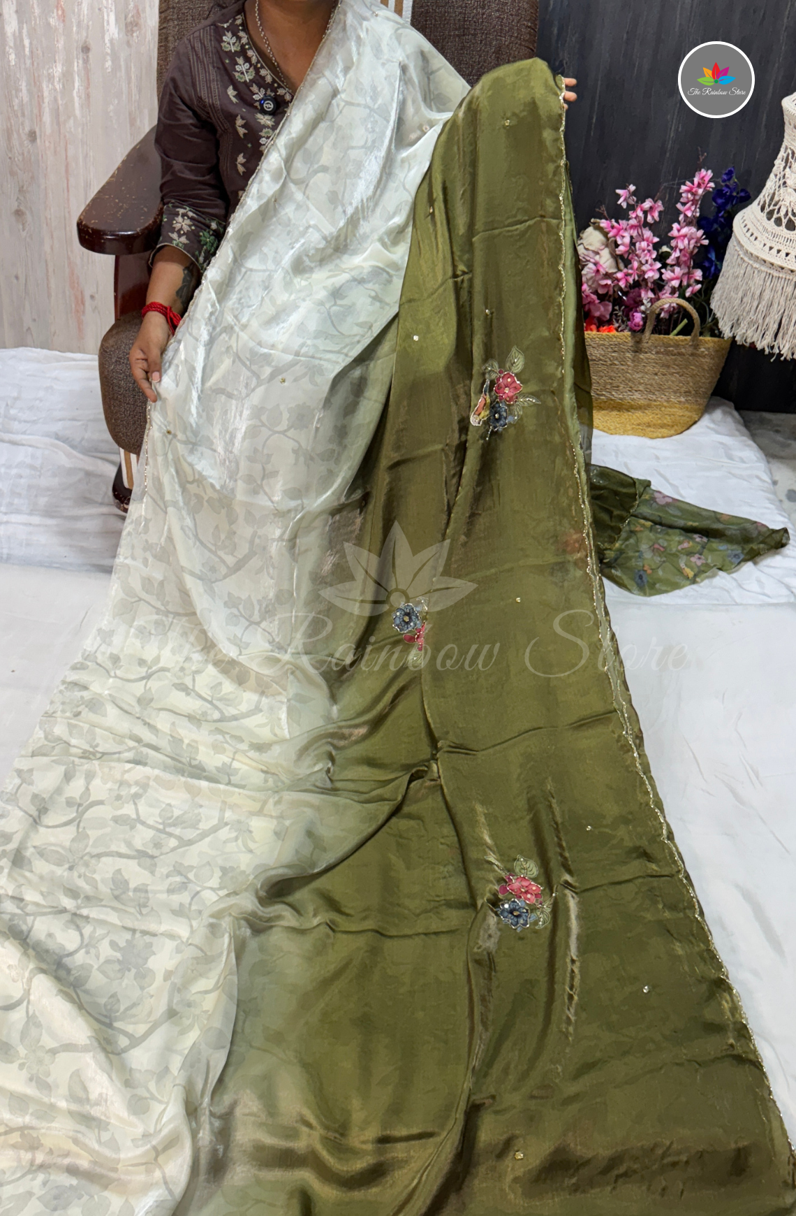Velvet Silk Saree - Olive Green & Pearl Ivory White