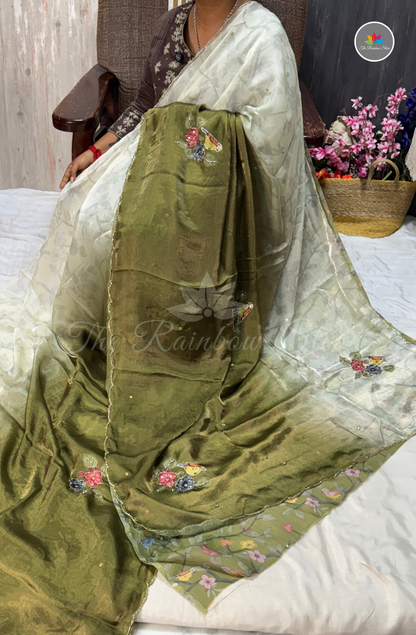 Velvet Silk Saree - Olive Green & Pearl Ivory White