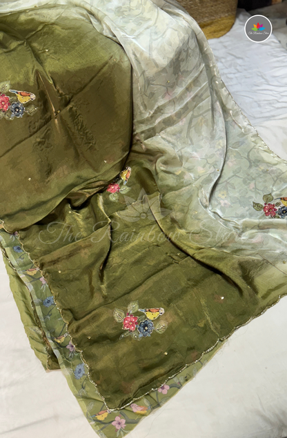 Velvet Silk Saree - Olive Green & Pearl Ivory White
