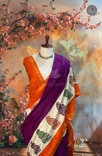 Bhagalpur Saree - Purple with Orange