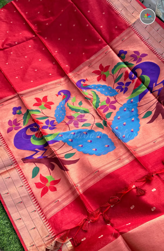 Elegant Paithani Tussar Saree - Red