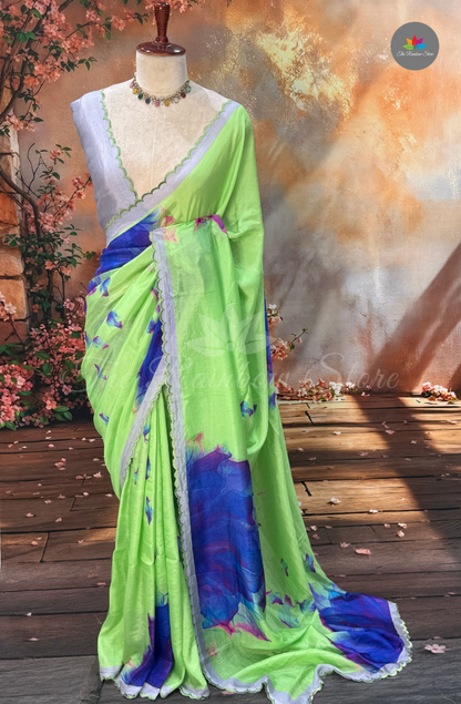 Mangalagiri Floral Printed Saree - Parrot Green