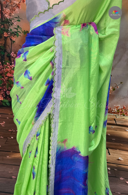 Mangalagiri Floral Printed Saree - Parrot Green