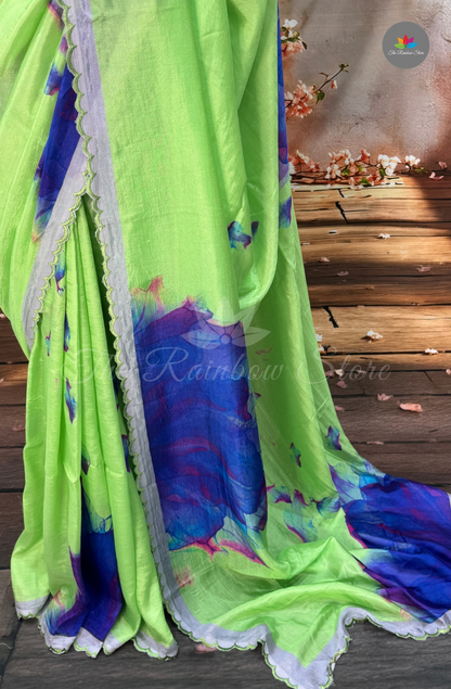 Mangalagiri Floral Printed Saree - Parrot Green
