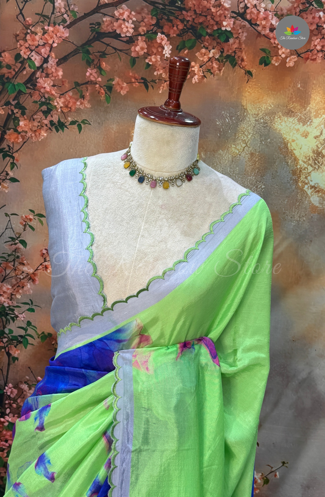 Mangalagiri Floral Printed Saree - Parrot Green