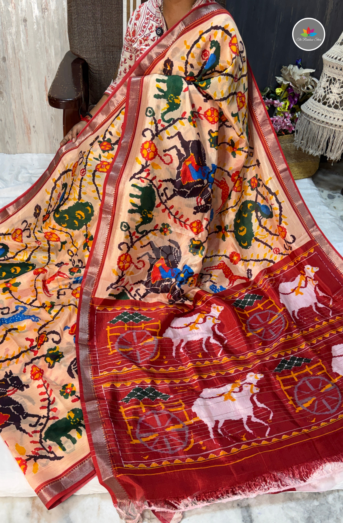 Mangalagiri Pattu Saree - Peach Beige with Maroon Red Border