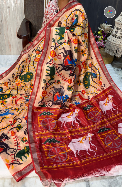 Mangalagiri Pattu Saree - Peach Beige with Maroon Red Border