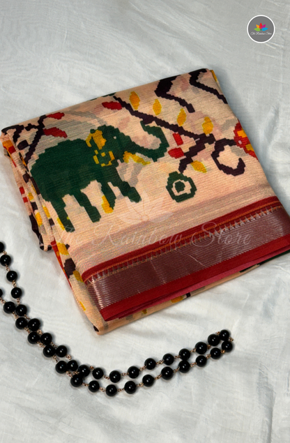 Mangalagiri Pattu Saree - Peach Beige with Maroon Red Border