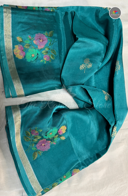Organza Silk Saree - Peacock Blue