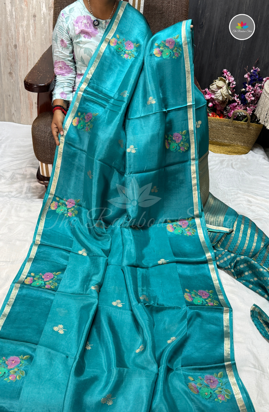 Organza Silk Saree - Peacock Blue
