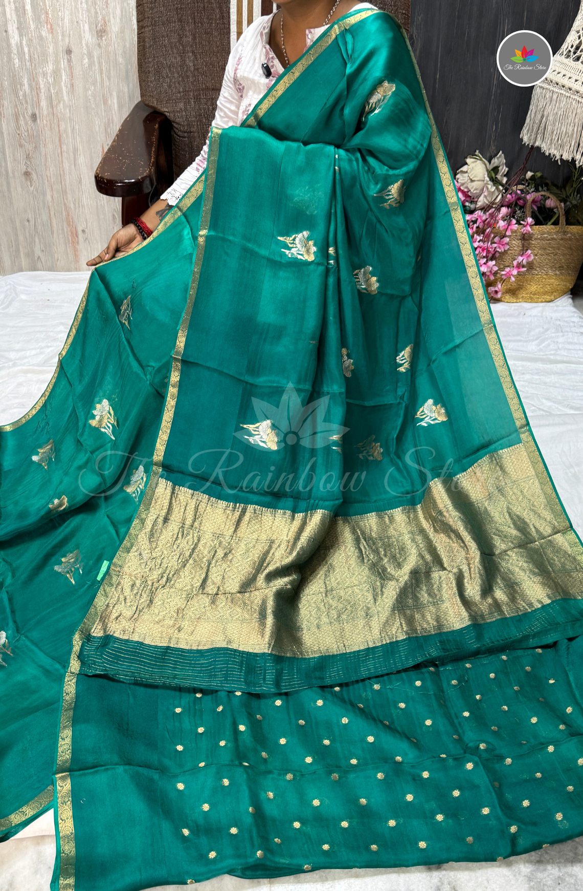 Organza Silk Saree - Peacock Green