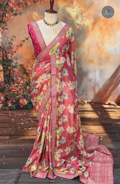 Pure Satin With Sabyasachi Borders - Pink