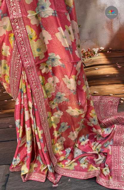 Pure Satin With Sabyasachi Borders - Pink