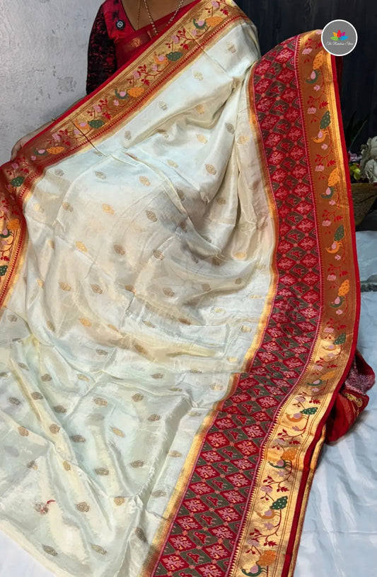 Premium Banarasi Paithani Pattu Saree - Cream with Red