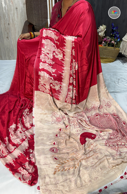 Premium Crepe Saree - Bright Red