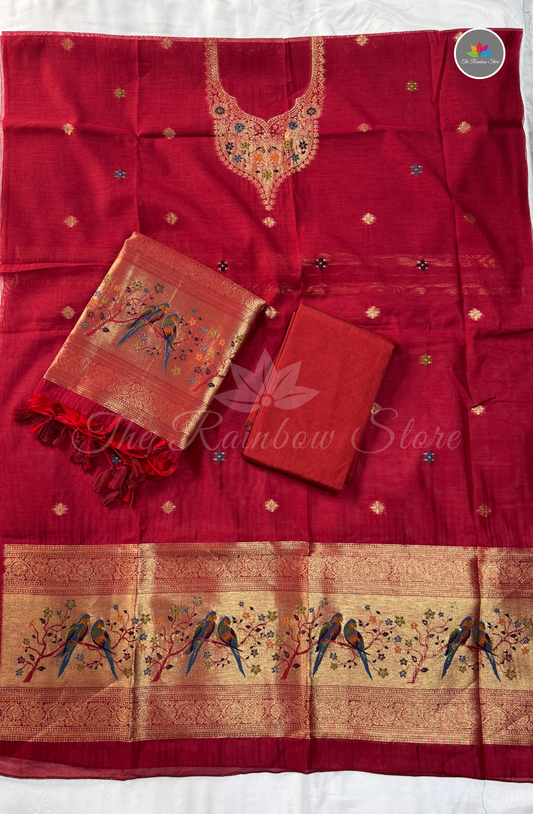 Premium Jamdani Salwar Material Set – Red (Unstitched)
