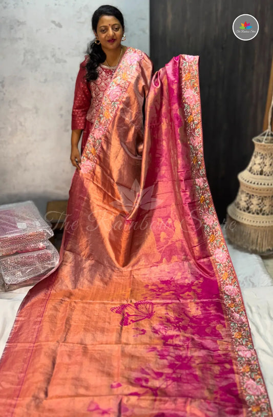 Premium Kanchi Pattu Saree with Embroidery - Rani Pink