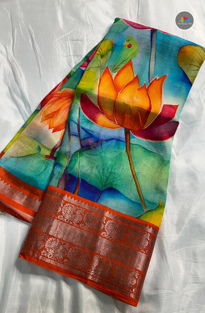 Premium Mangalagiri Pattu With Big Border - Aqua Green With Orange