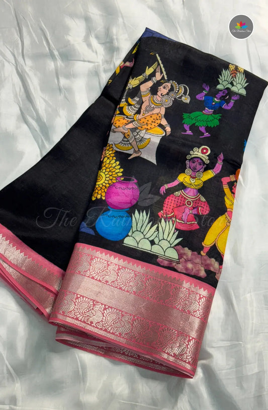Premium Mangalagiri Pattu With Big Border - Black With Pink