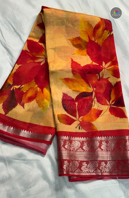 Premium Mangalagiri Pattu With Big Border - Mustard Yellow With Red