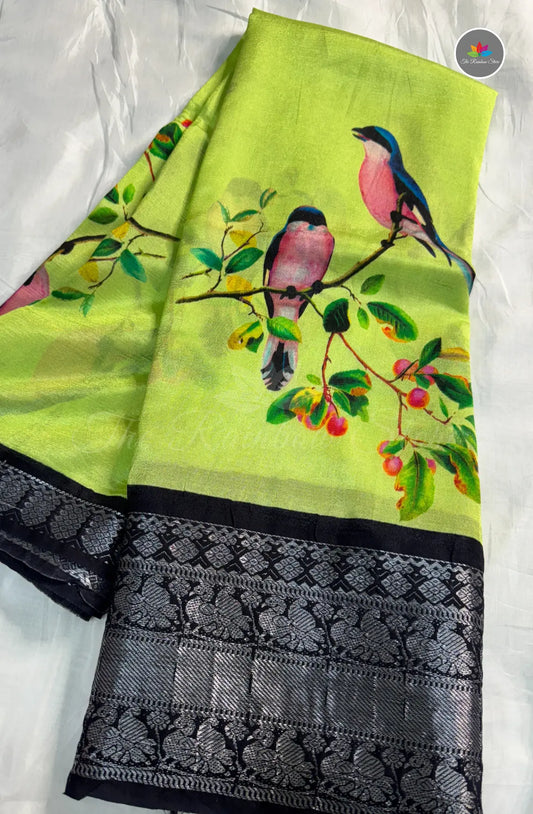 Premium Mangalagiri Pattu With Big Border - Parrot Green